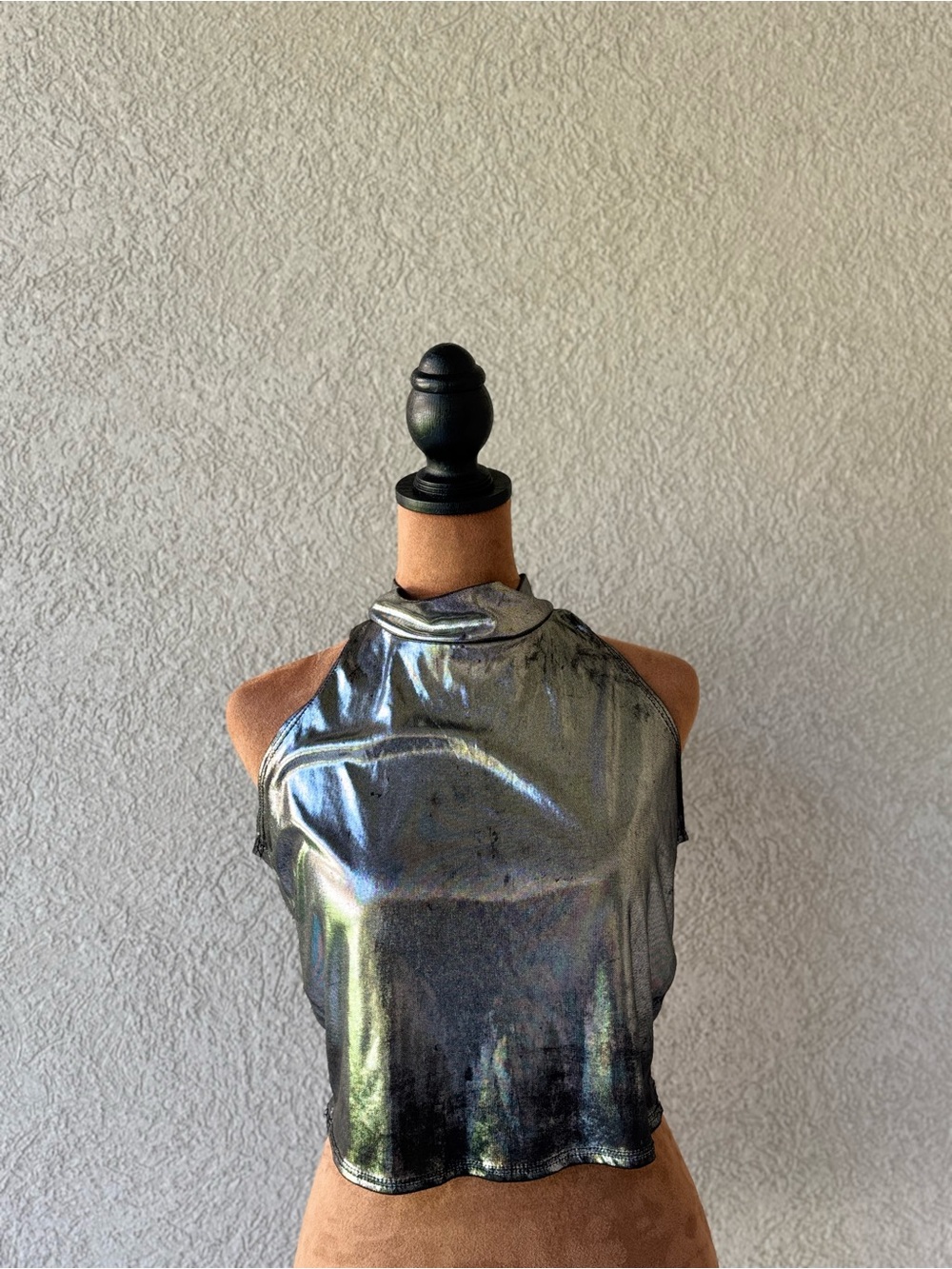 Rave Costume Metallic Silver Iridescent Holographic  Mock Neck Cropped Top